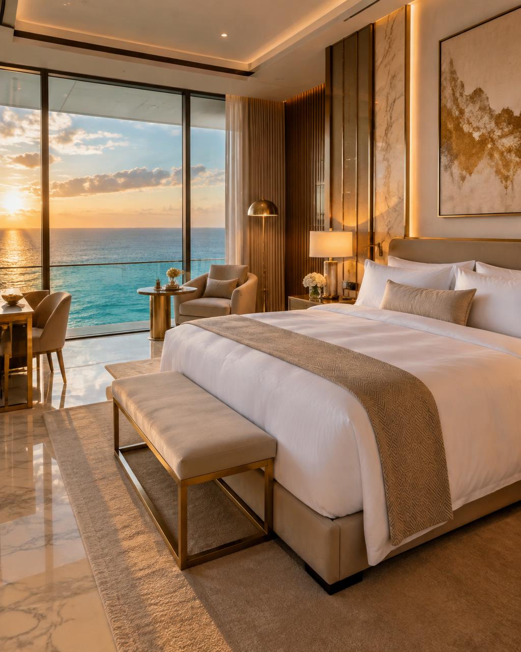 Luxury hotel suite with an ocean view at sunset
